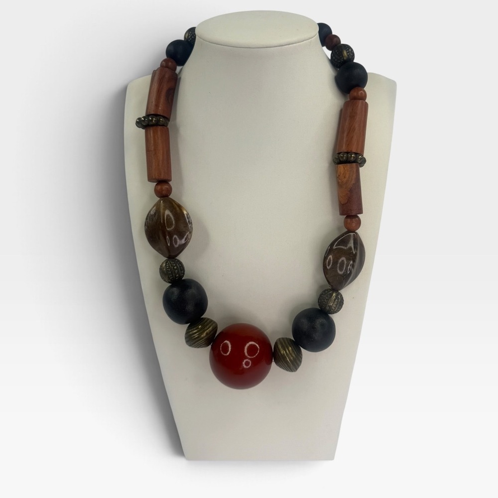 Cookie Lee Chunky Wood Resin Statement Necklace Earthy Brown Red Black Boho